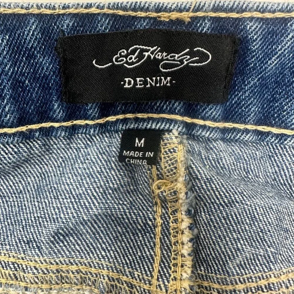 New Ed Hardy Tattoo Denim Jean Mini Skirt Size M Y2K Streetwear Edgy Grunge Punk
